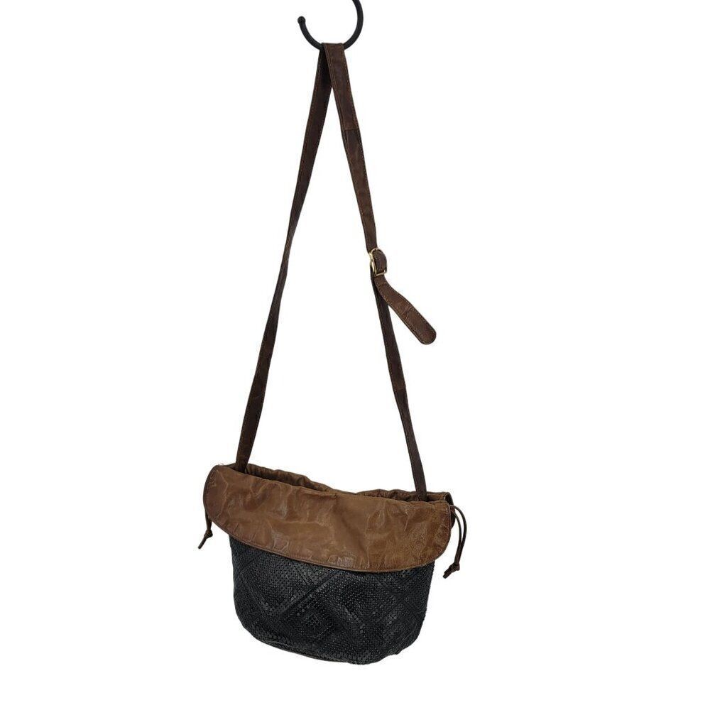 Vintage Whiting and Davis Black Metal Mesh Crossbody Bucket Bag Brown Leather